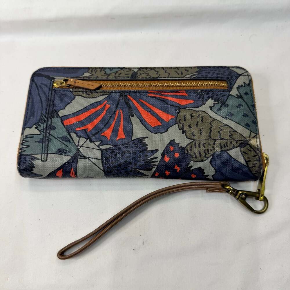 Fossil Blue Butterfly Moth Print Vegan Leather Zip Around Clutch Wristlet Wallet - Picture 2 of 7